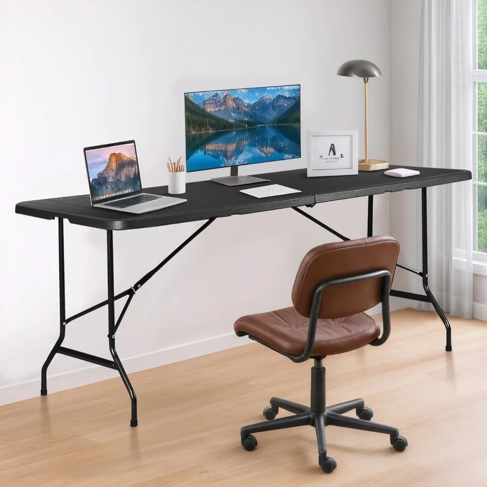 โต๊ะปิกนิกพับได้แบบพกพา 6 ฟุต โต๊ะรับประทานอาหารสำหรับงานปาร์ตี้ในร่มกลางแจ้งพร้อมที่จับ สีดำ 71 x 27