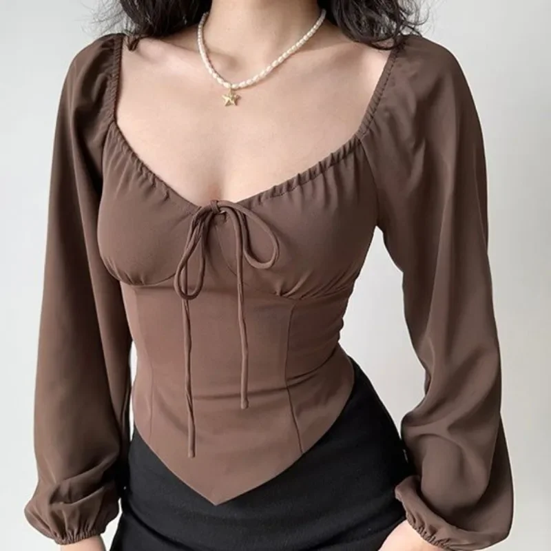 

Plus Size Women Chemise Retro Irregular Hem Lantern Sleeve Long Sleeve Shirt Spring Blouses Autumn New Slim Waist Tops XQ849