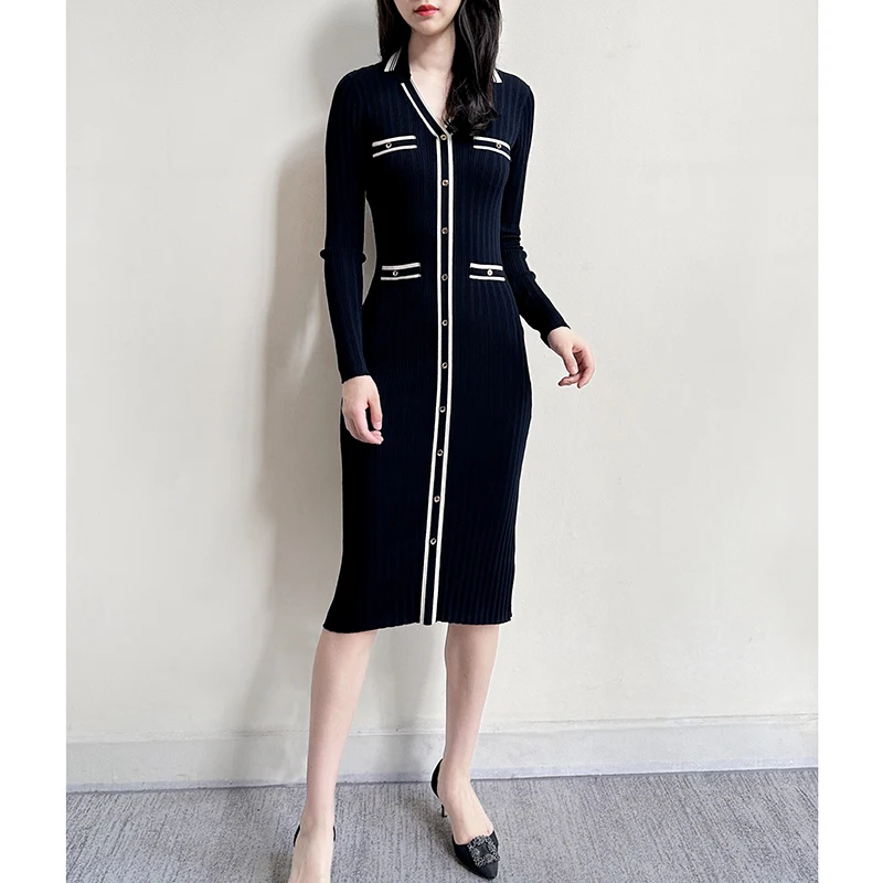 UK Fashion Navy Blue /White Polo Shirt Knitted Midi Dress XS -XL