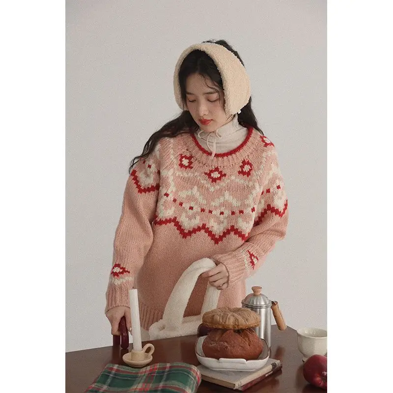 Korobov Christmas New Year Pink Sweater Women Clothing New Autumn Winter Pullover Vintage Jacquard Loose Lazy O Neck Jumpers