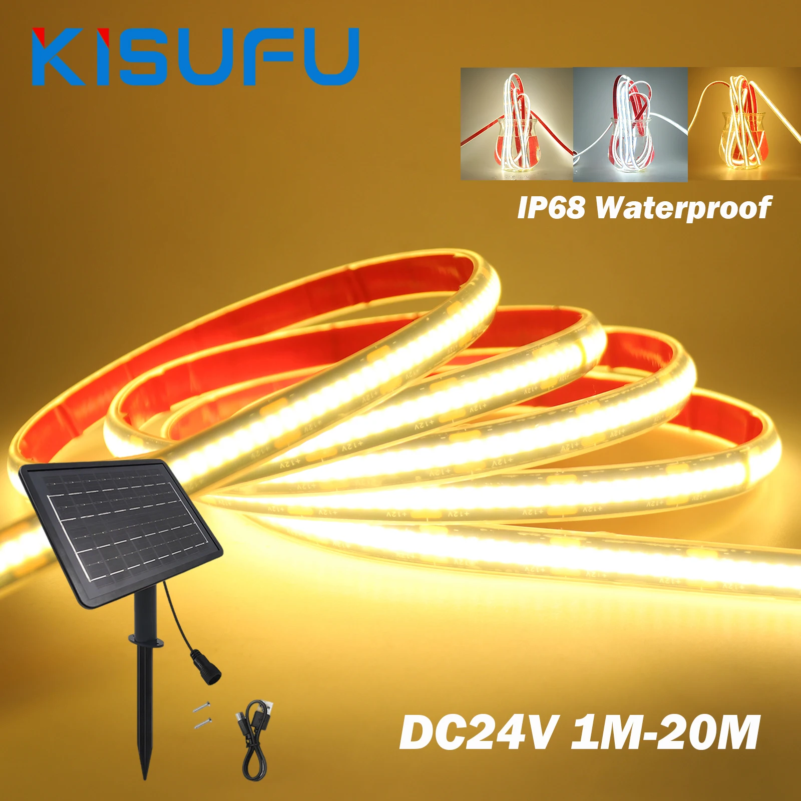 

DC24V Solar COB LED Strip Light IP68 Waterproof 320LEDs/M High Density Black PCB Flexible Neon Light Strip Indoor Outdoor Decor