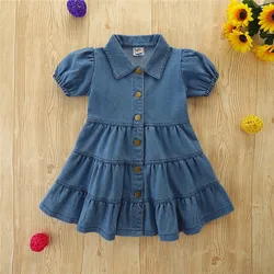 Baby girls denim skirt all-match dress puff sleeve summer children's skirt party short dress outfit