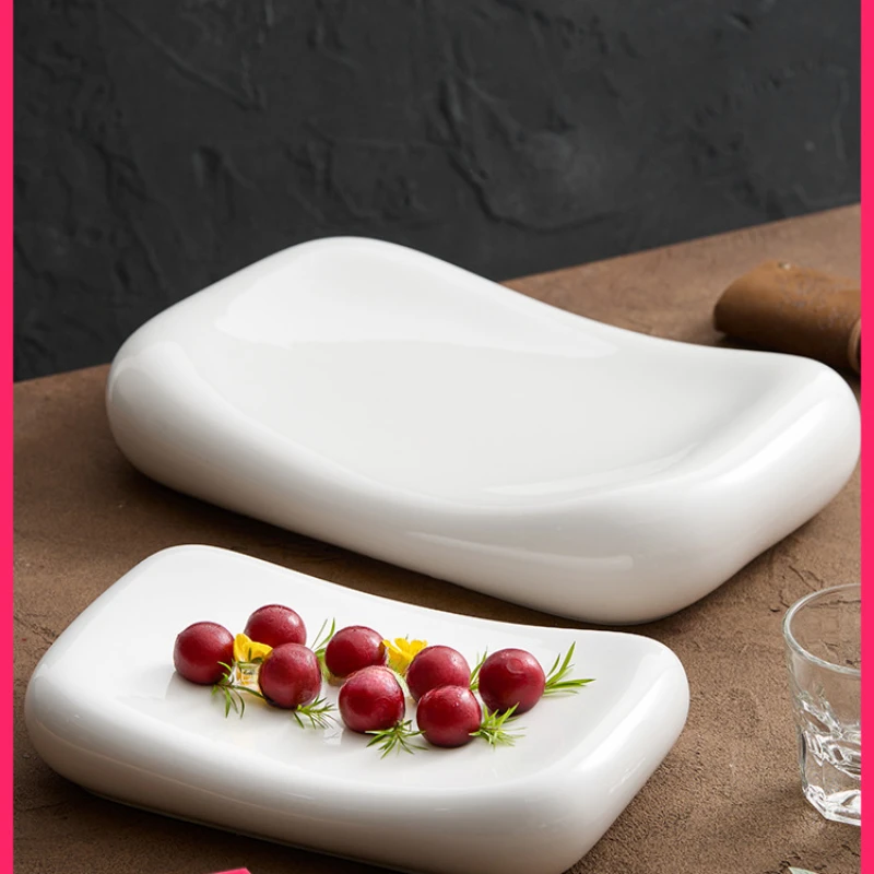 Pillow Modeling Good-looking Western Food Plate White Ceramic Rectangular Steak Hotel Restaurant Cold Dish