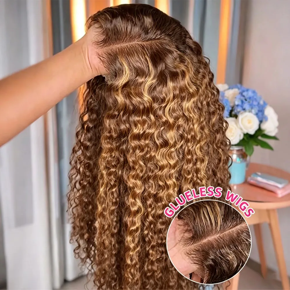 Parrucca corta a caschetto con capelli umani, colore marrone sfumato, riccioli voluminosi, effetto ondulato, con riga frontale, parrucca brasiliana P4/27, colore biondo miele, pronta da indossare,