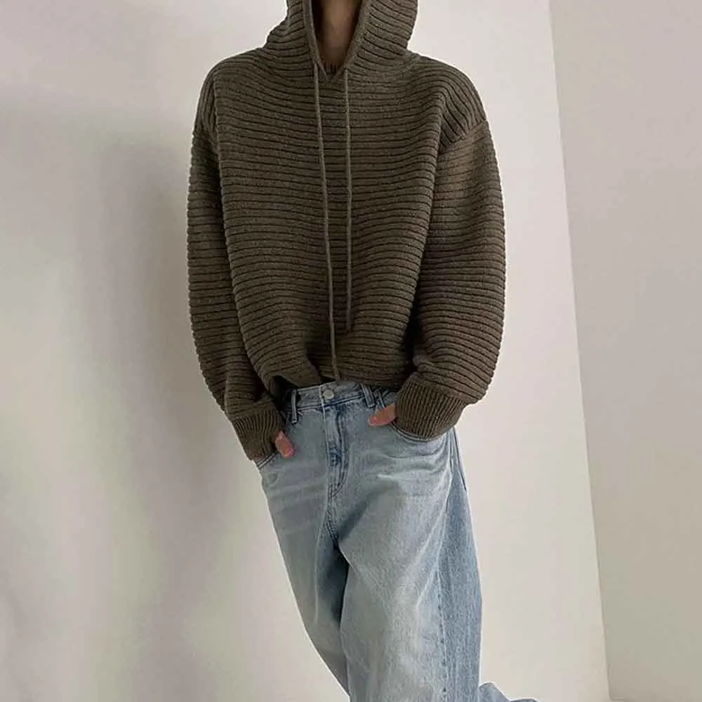 秋メンズ無地長袖フード付きニットセーターアメリカンレトロファッショントレンディカジュアルシンプルルーズメンズトップス2025