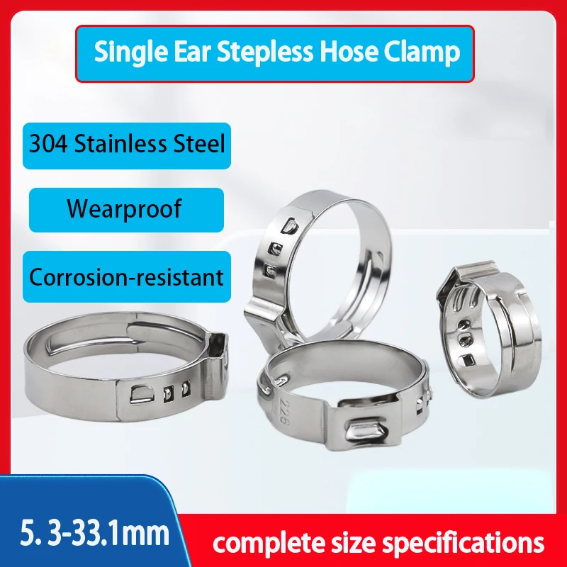 50Pcs 304 Steel Single Ear Stepless Hose Clamps, Oetiker Style Quick Clips, Multi Sizes for Auto Water Oil Gas Hose Repair