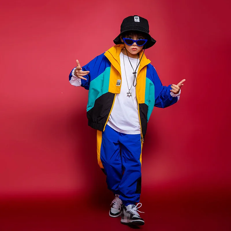 Boys Hip Hop Contrast Coat Girls Jazz Joggers Clothes Set Kids Street Dance Patchwork Jacket Sweatpants Children Streetwear  123