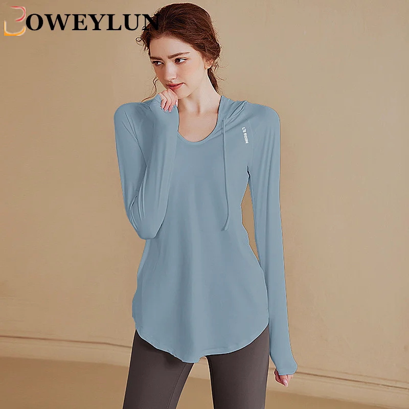 

BOWEYLUN Mid-length Fitness Clothing Women Loose Long-sleeved Casual Sports Tops Running Hooded Sweater Autumn Female