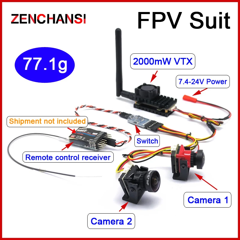 

Long Range 5.8Ghz 2W FPV Wireless Transmitter 2000mW VTX with Starlight HDR OSD 1200TVL fpv camera Set 3Way Video Switch Unit