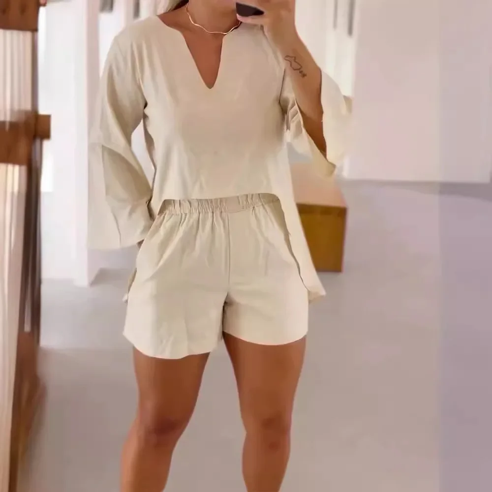 

Spring Fashion Two-piece Set of Irregular Hem Women 2025 Summer New Long Sleeve Solid Color V-Neck Pockets Loose-Fit Casual Suit