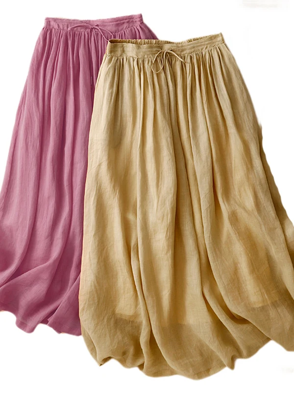 Retro zen dupla camada de algodão linho feminino verão cintura elástica cintura alta dra saia a linha guarda-chuva saia commute sle