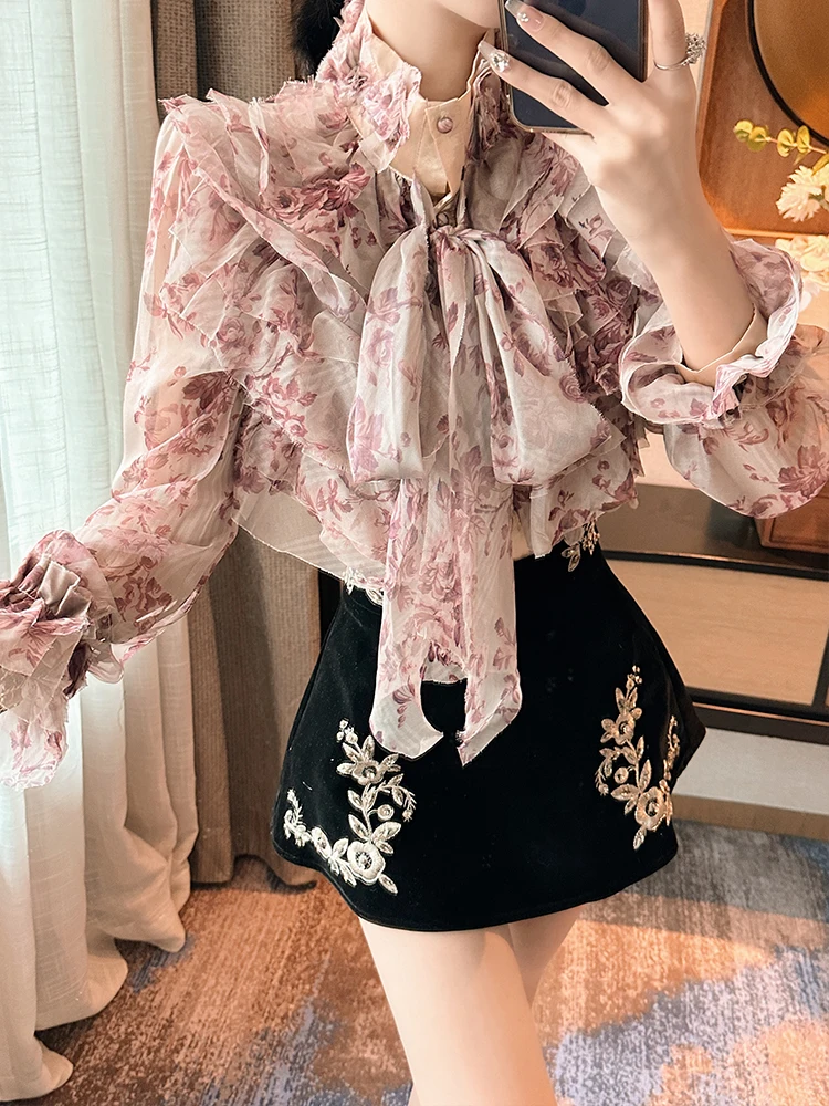 Ele BETTER LS Women's Silk Chiffon irt Floral Print Stand Collar Bell Sve Top Korean Sle Commute Faion Premium F...
