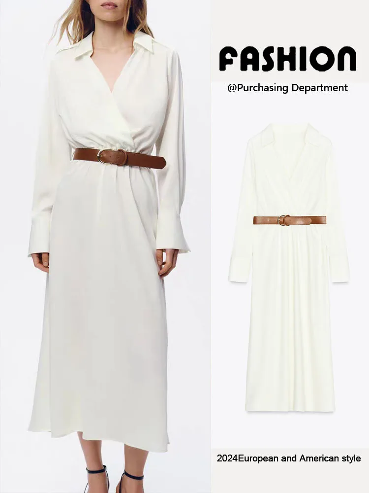 Vestido f de manga crida com toque de seda acetinada, cinto, cintura alta, saia midi evasê e fechamento com botão ú...