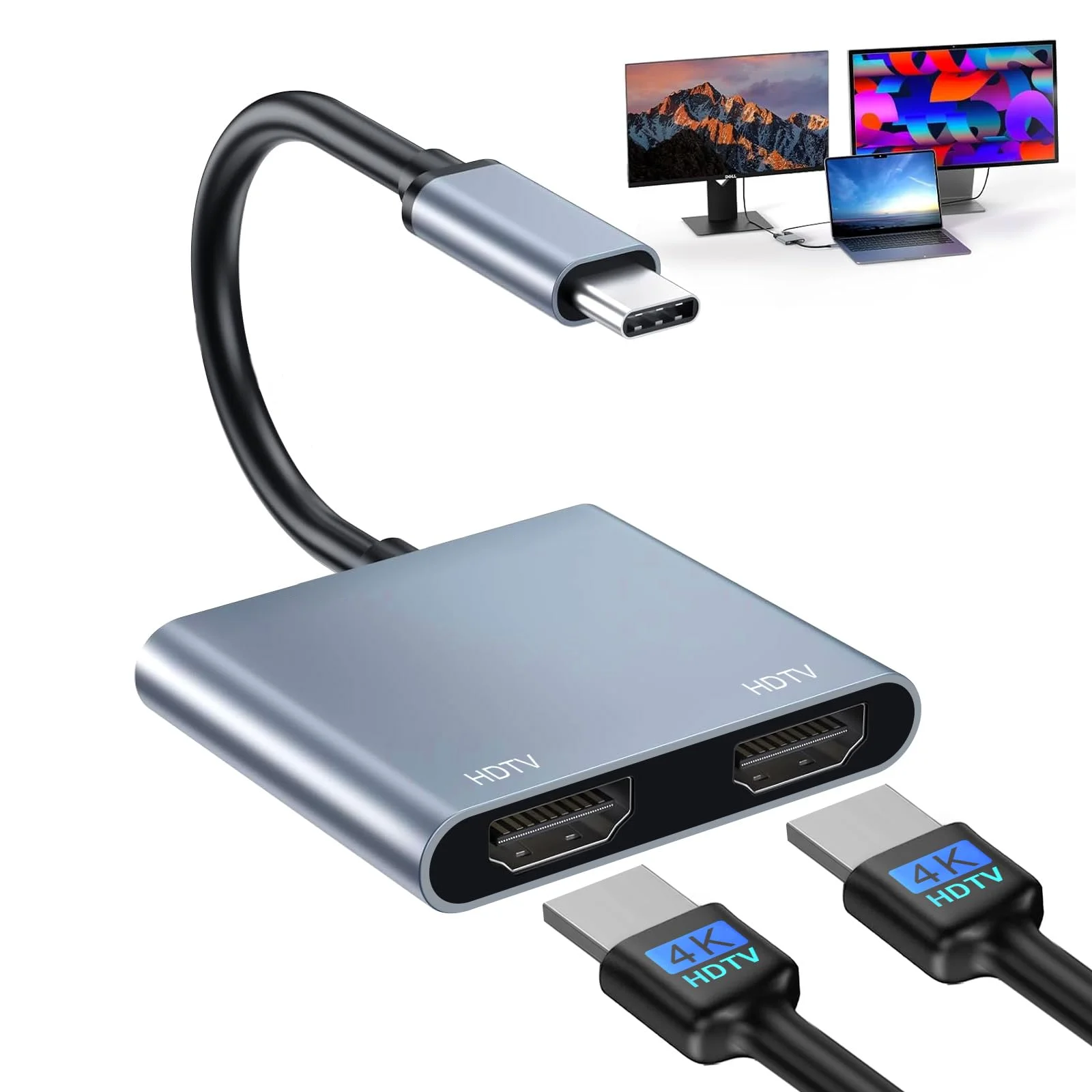 USB C Thunderbolt4 to Dual 4K@30Hz HDMI-compatible Adapter Multiple Display Extended for Macbook Pro/HP ZBook/Lenovo ThinkPad​