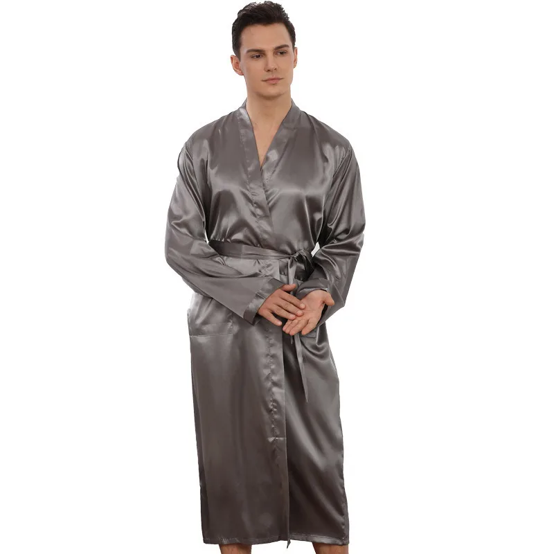 European Size Thin BathroBe Mid Length Cardigan ImItatIon Silk NightgowN Pajamas Men\'s Home Clothing Summer