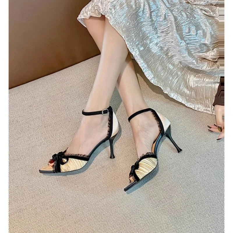 Summer new pointed fish mouth open-toe bow cloth wrinkled bag sandals thin high-heeled banquet dress versatile women\'s sandals