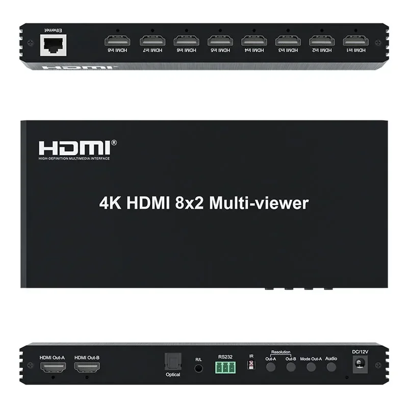 

4K 8x2 HDMI Multi-viewer 8 in 2 Out 3x1 4x1 5x1 6x1 7x1 8x1 HDMI Multiviewer Support Seamless Switch PIP 3.5mm Audio Extractor