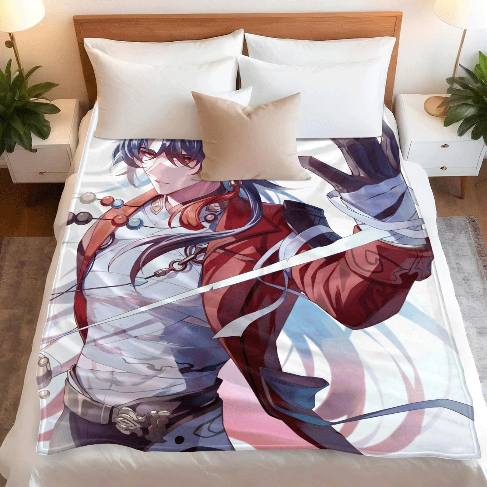 Anime Flannel Throw Blanket Blade Print Dark Blue Hair Male Character Warm Sofa Bed Blanket Fan Gift
