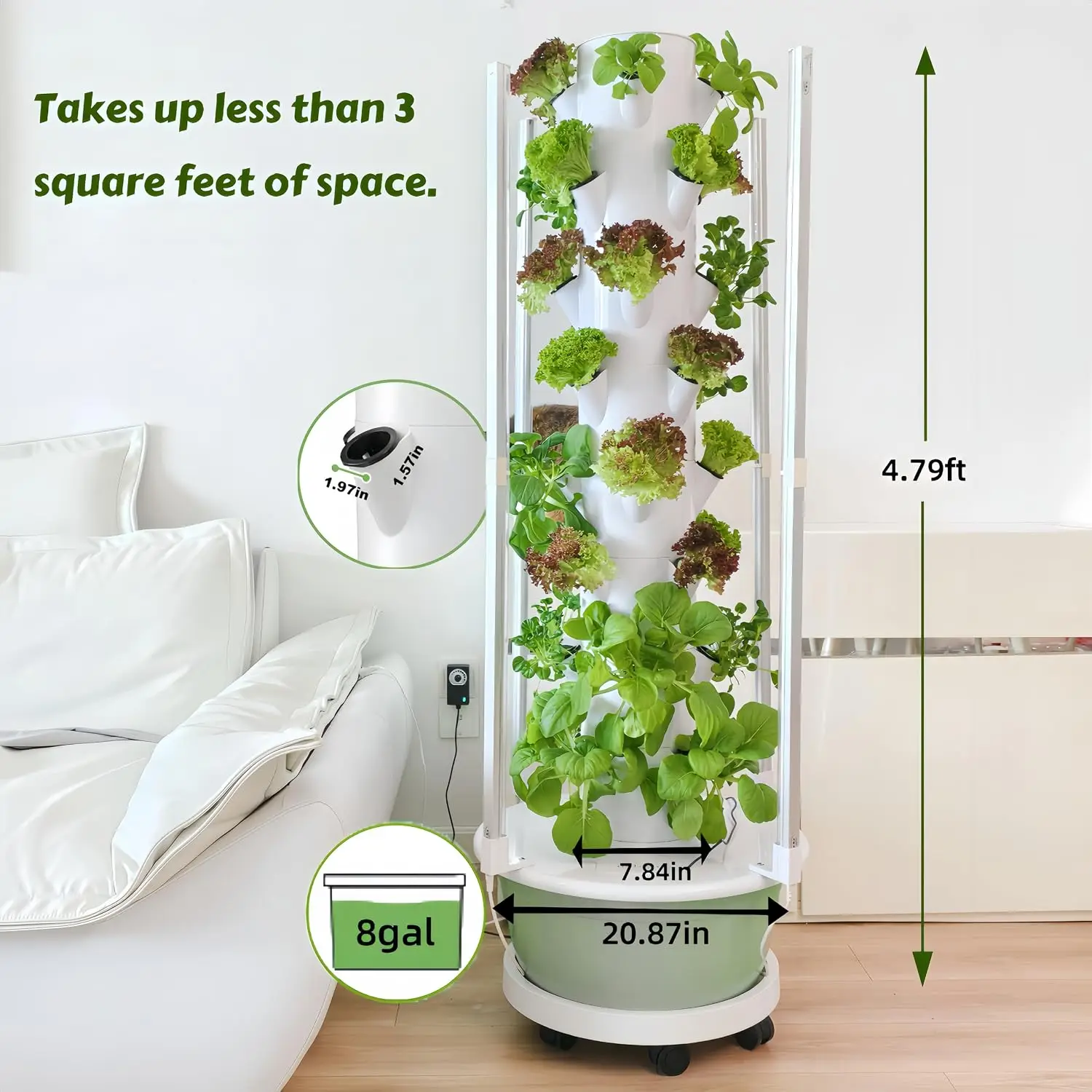 Indoor Hydroponic Garden Tower 32 Pods LED Lights Auto Watering System Dual Timer Grow Fresh Vegetables Herbs