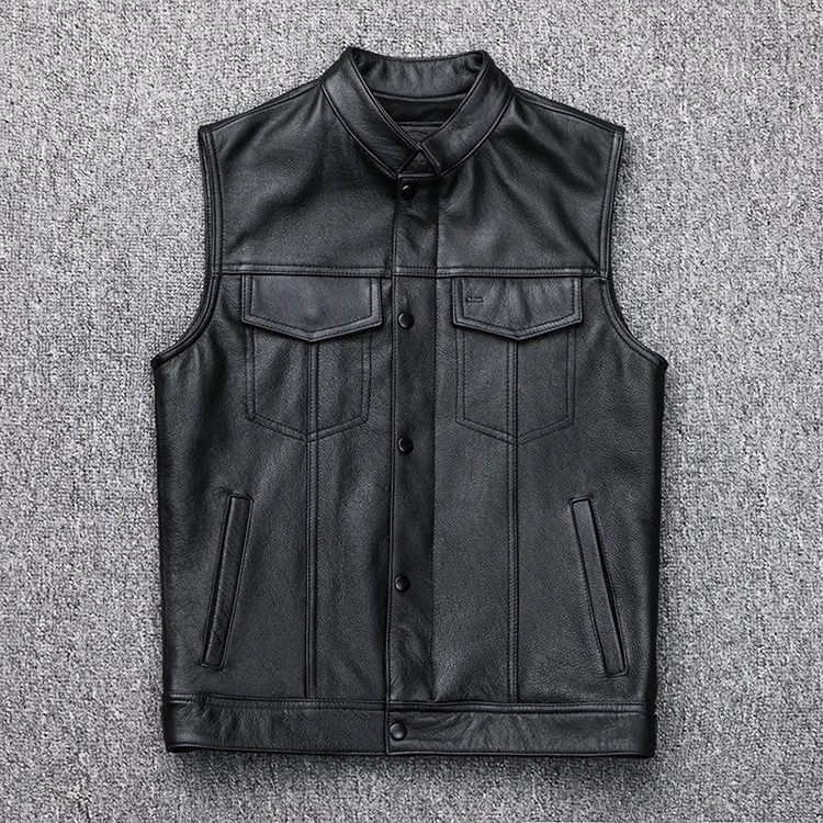 Purchase high-quality This year's trend men's leather vest stand up collar single breasted sleeveless outdoor vest punk jacket