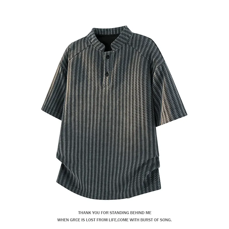 Men's Herringbone Henley T-Shirt Stand Up Collar Half-Buttoned Relaxed Fit Casual Shirt with Unique Herringbone Weave Fabric