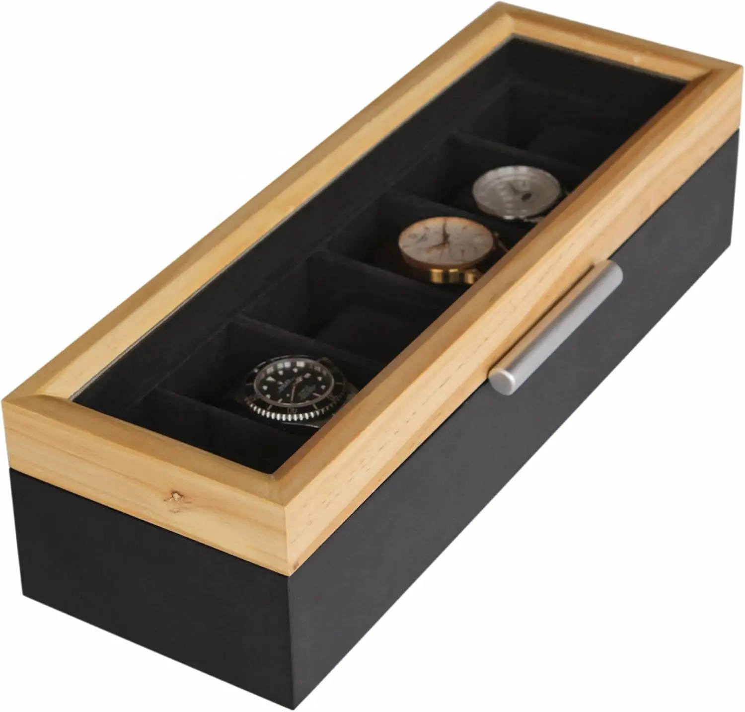 

Two-Toned Pine and Black 6-Slot Watch Box with Real Glass & Aluminum Handle