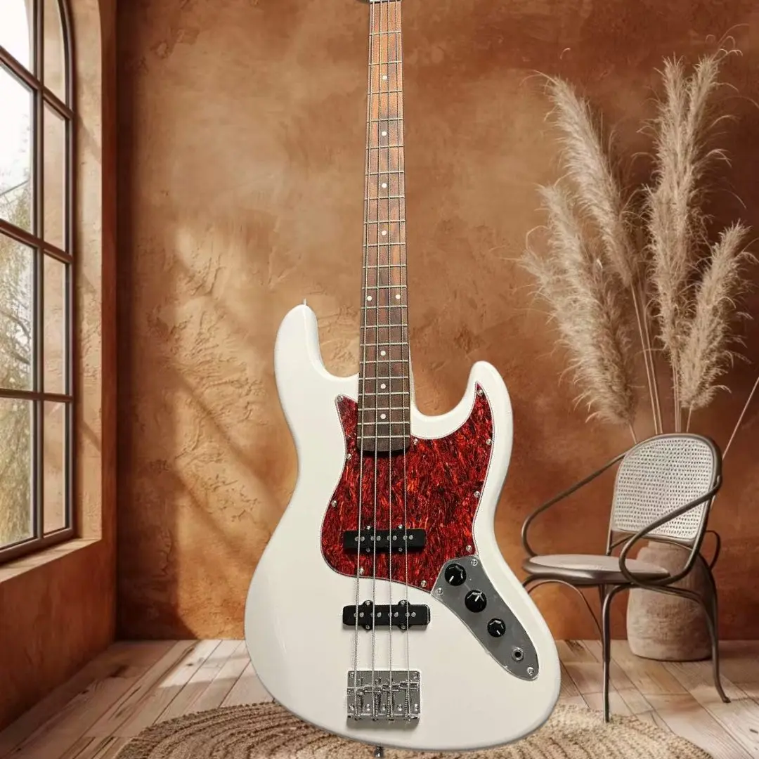 

Белая электрическая бас-гитара Classic 4-серийная с красной задней панелью, в стиле рок-джаз, подходит для выступлений в живых группах