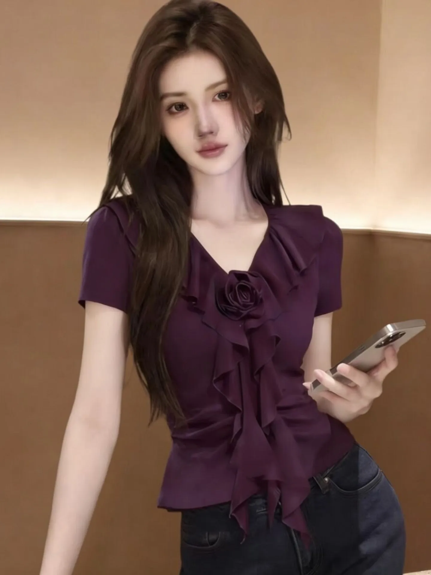 Elegant V-Neck Short Sleeve Slim Fit T-Shirt Women's Unique Beautiful Summer Top Asymmetrical Decorative Lace Trim 3D Flower ...