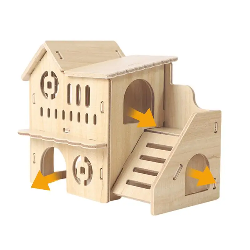 Hamster House Guinea Pig House Hide Ventilated Wooden Hut Habitat With Doors And Window Multi Chamber Exploration Toy Cage