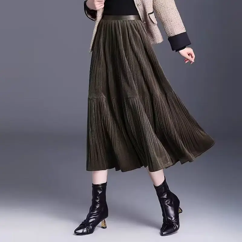 

Плиссированная бархатная юбка средней длины 2024, новая осенне-зимняя мода, утягивающая плиссированная юбка с высокой талией, длинная юбка