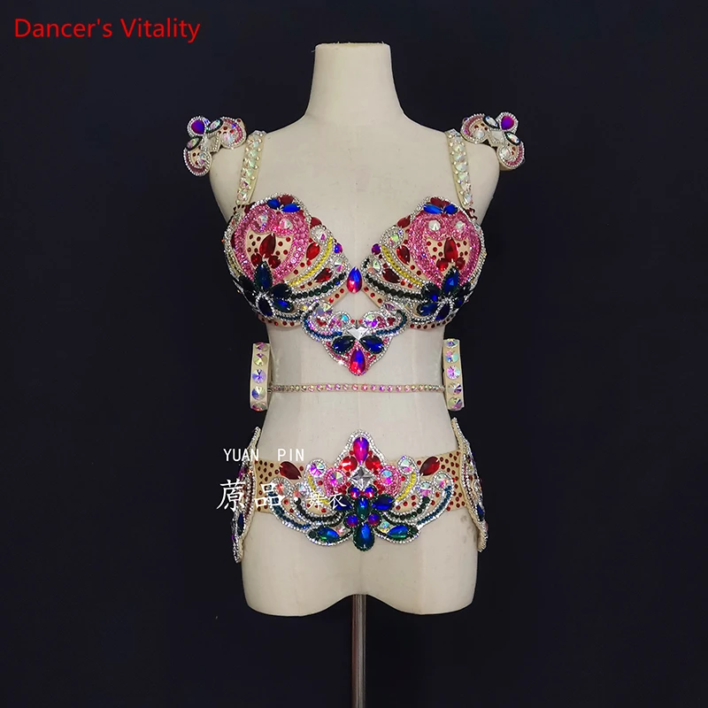 Belly Dance Costumes Set Customized Multi-color Flash Diamonds with Heavy-duty Bra Belt Accessories Female Competition Outft