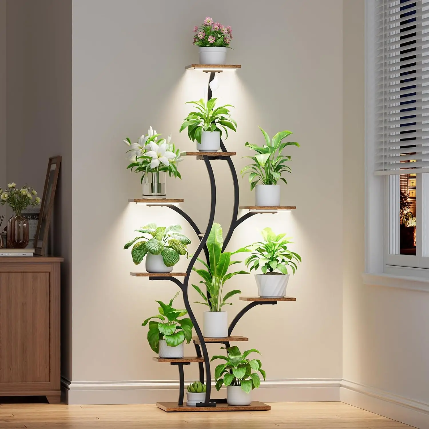 

64.5" Tall Corner Plant Stand with Grow Lights, 9-Tier Metal Shelf for Indoor Plants in Living Room or Bedroom