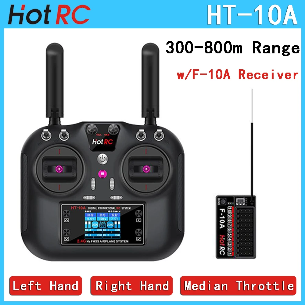 

HotRC HT10A 2.4GHz 10CH RC Radio Transmitter with F-10A Receiver 300-800m Range for RC Aircraft Drone Quadcopter Car Boat Part