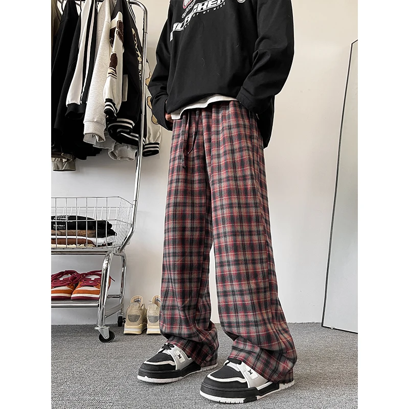 

England Style Red Plaid Pants Men's Trousers Spring Autumn Drape Straight-leg Pants Loose Comfortable Home Casual Pants