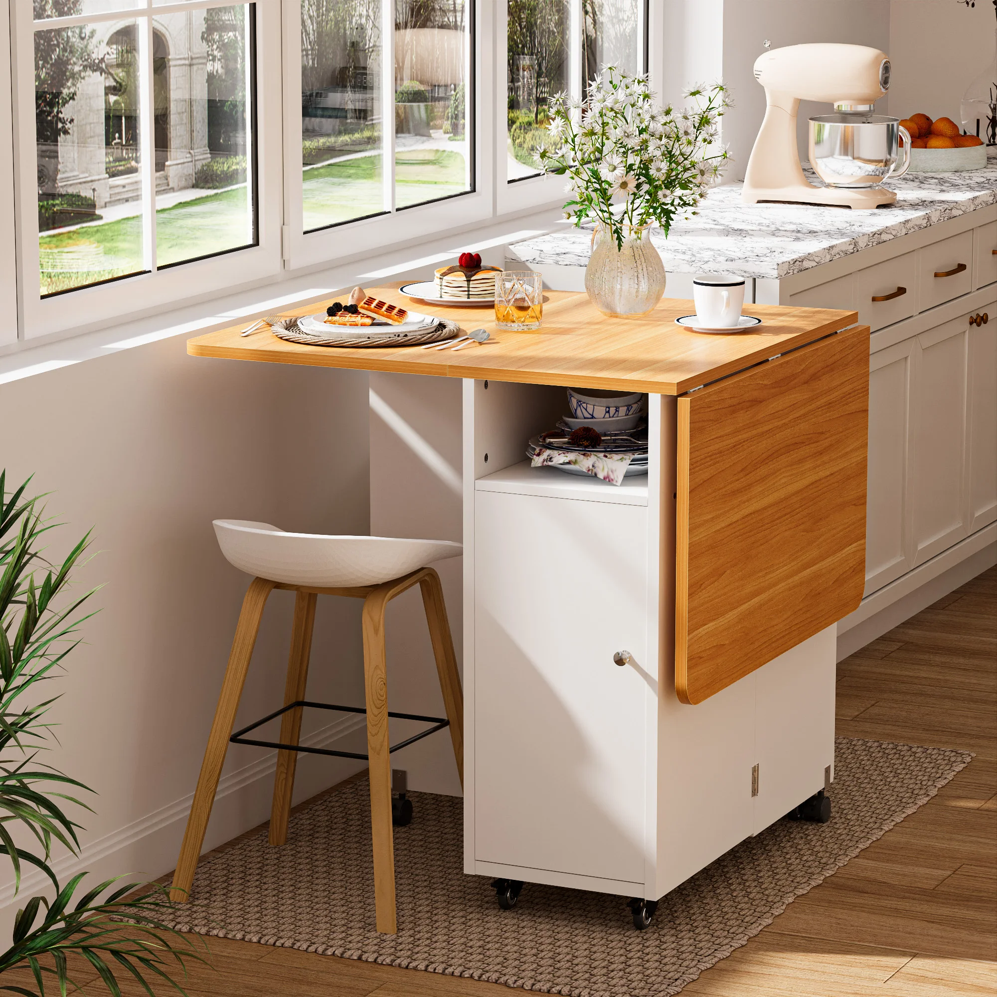 Folding Table With Wheels Mobile Folding Dining Table Wood Foldable Side Table With Shelf Wood Extendable Dining Table