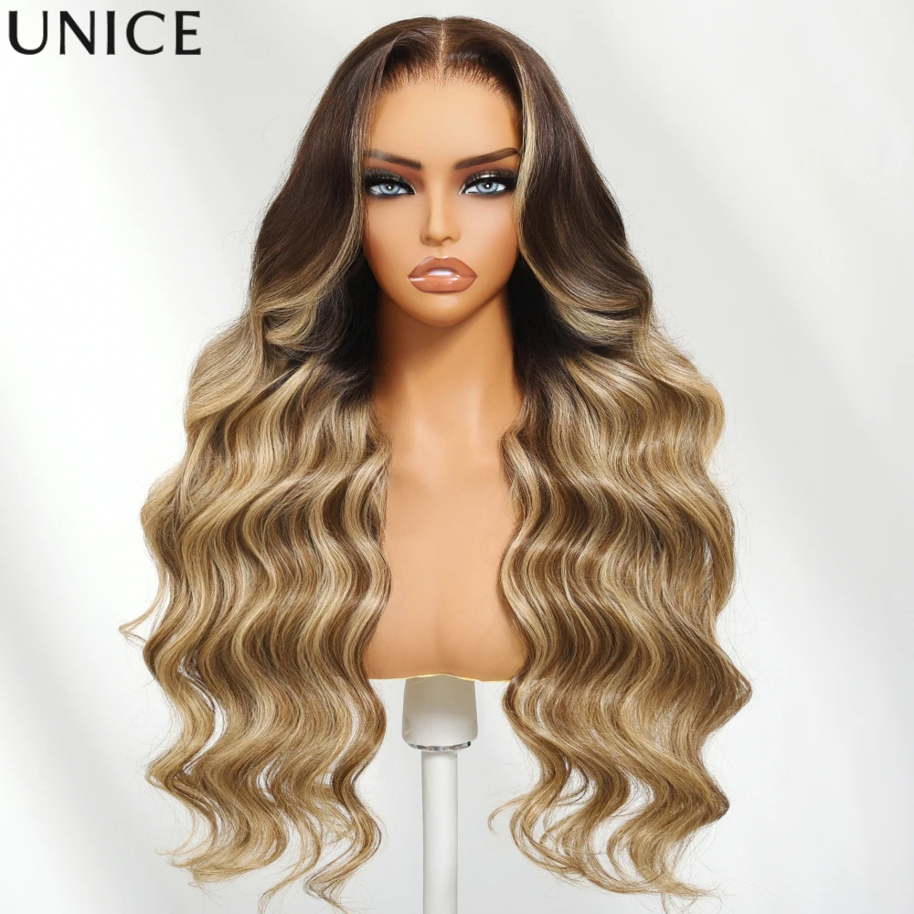 UNice 13x4 Pre-Everything™ Lace Frontal Honey Blonde Balayage With Chestnut Brown Roots Body Wave Human Hair Wig With Drawstring
