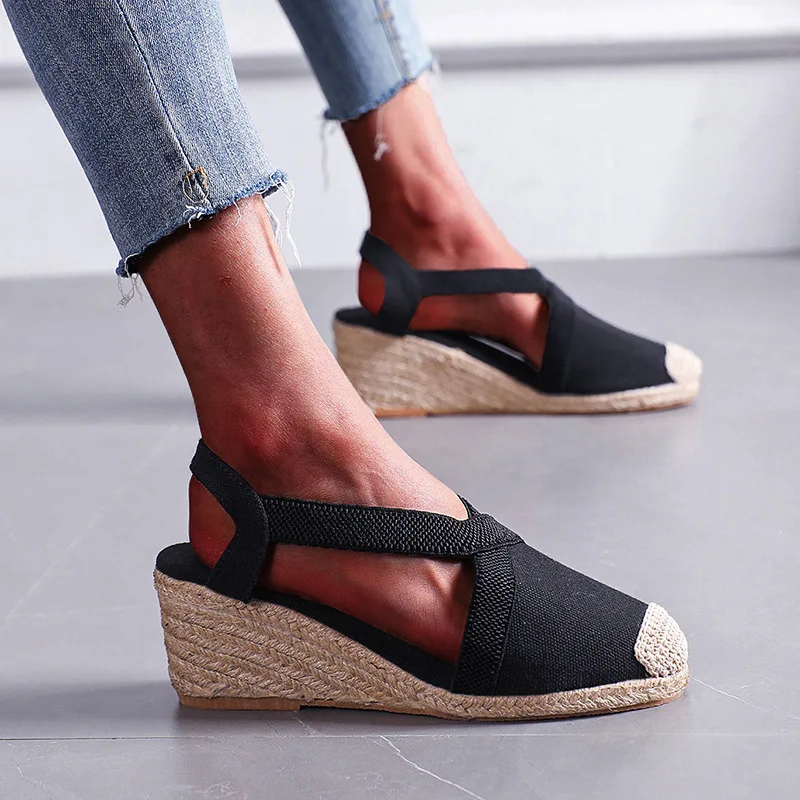 Summer Women\'s Sandals 2024 Straw braided Wedge Heels Espadrille Sandals Big Size Female Shoes Female Gladiator Slingback Shoes