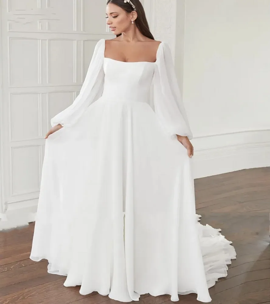 

White Square Neck Wedding Dress 2024 Chiffon Long Bridal Gown Puffy Sleeves Court Train Boho Bride Gowns Vestidos De Novia