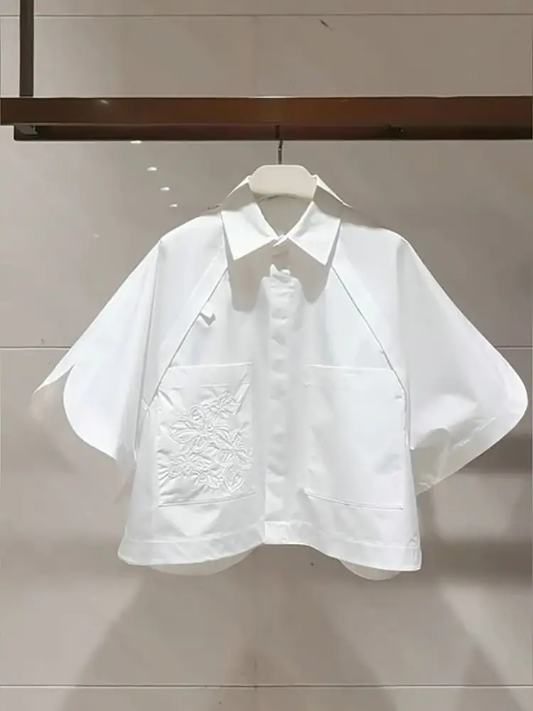 Summer Short Flip Collar Half Sleeve Embroidered Short Sleeve Loose White Bat Sleeve White Shirt For Women