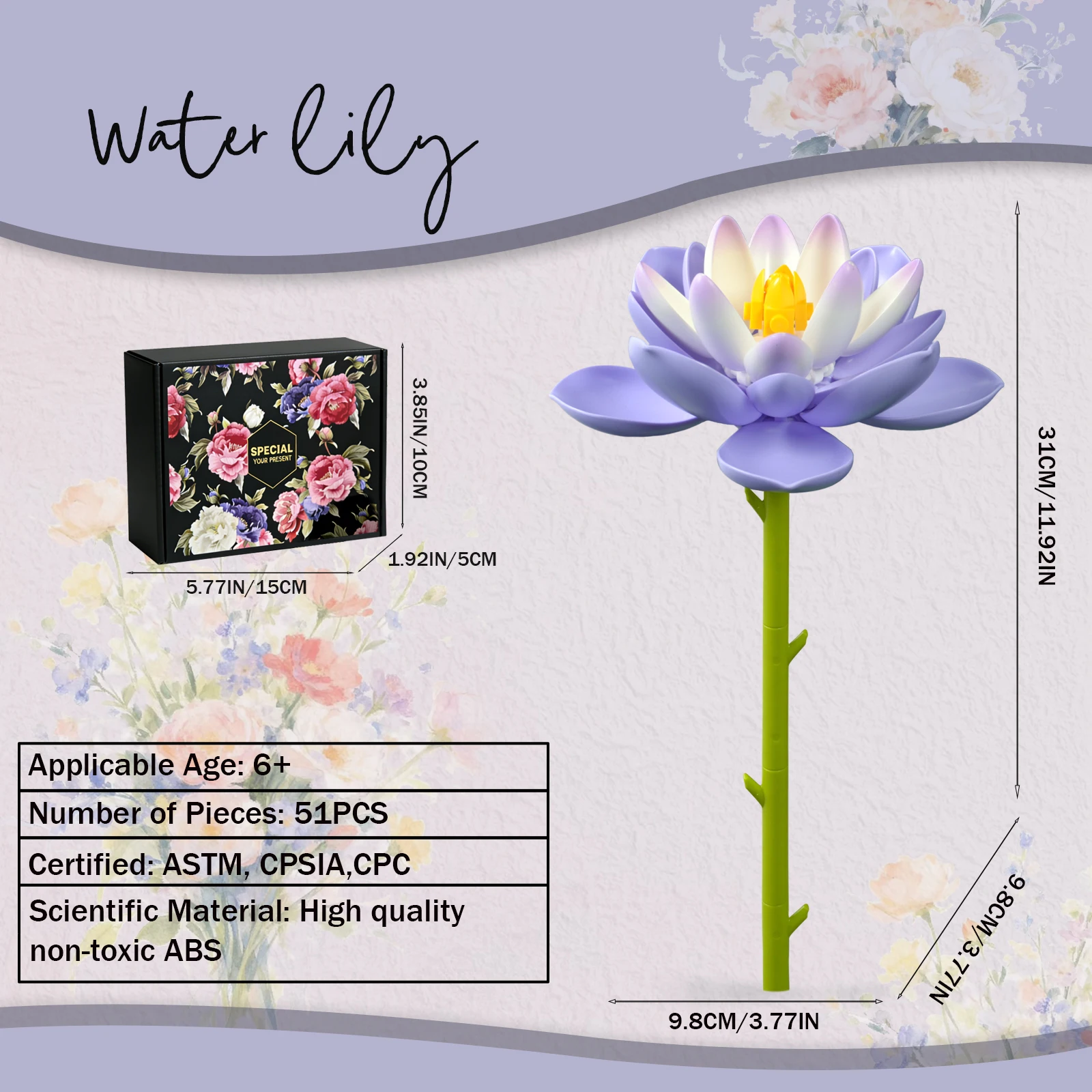 Water Lily Blossoms Building Block Bouquet  Flowers Featuring Gradient Petal Details Ideal for Tabletop Display DIY Home Decor