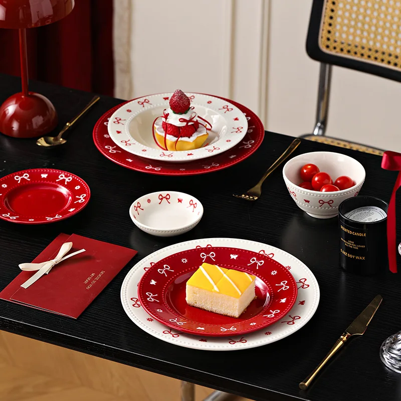 

HYS high color housewarming tableware bow dish set underglaze red bowl ceramic bowl household plate plate plate