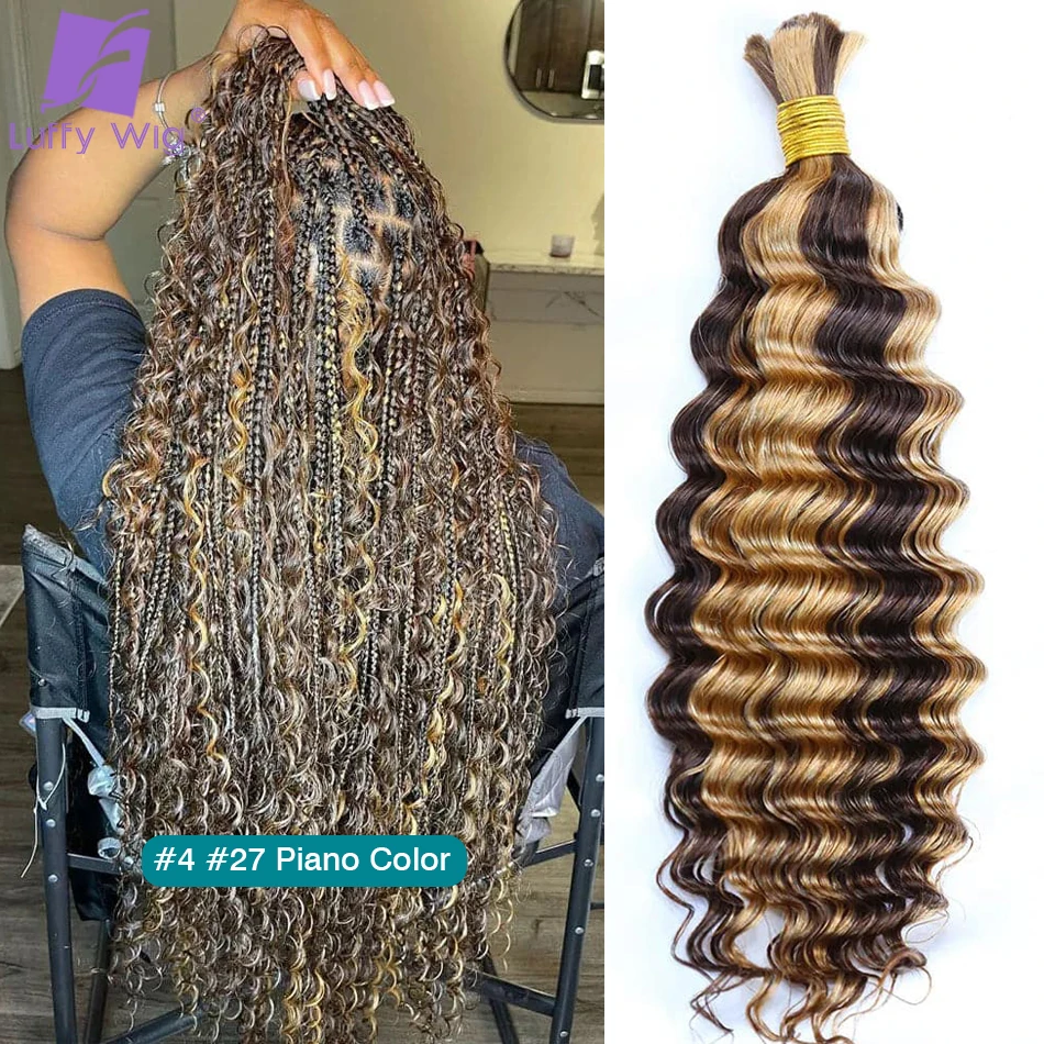 Cabelo humano em massa para trançar, cor mista, duplo desenhado, onda profunda completa, extensões de cabelo para trançar, 30 cores, 27 cores, 4