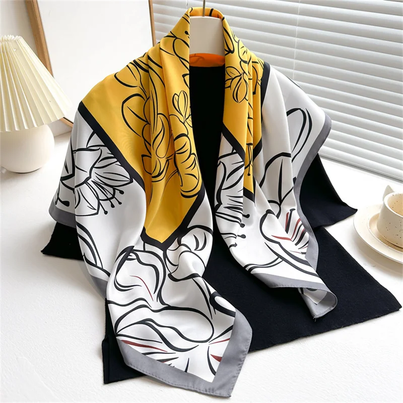 2024 Luxury New Retro Printed Silk Scarf 90cm Twill Silk Scarf Lotus Fashion Large Square Scarves Sunscreen Shawl Headscarf