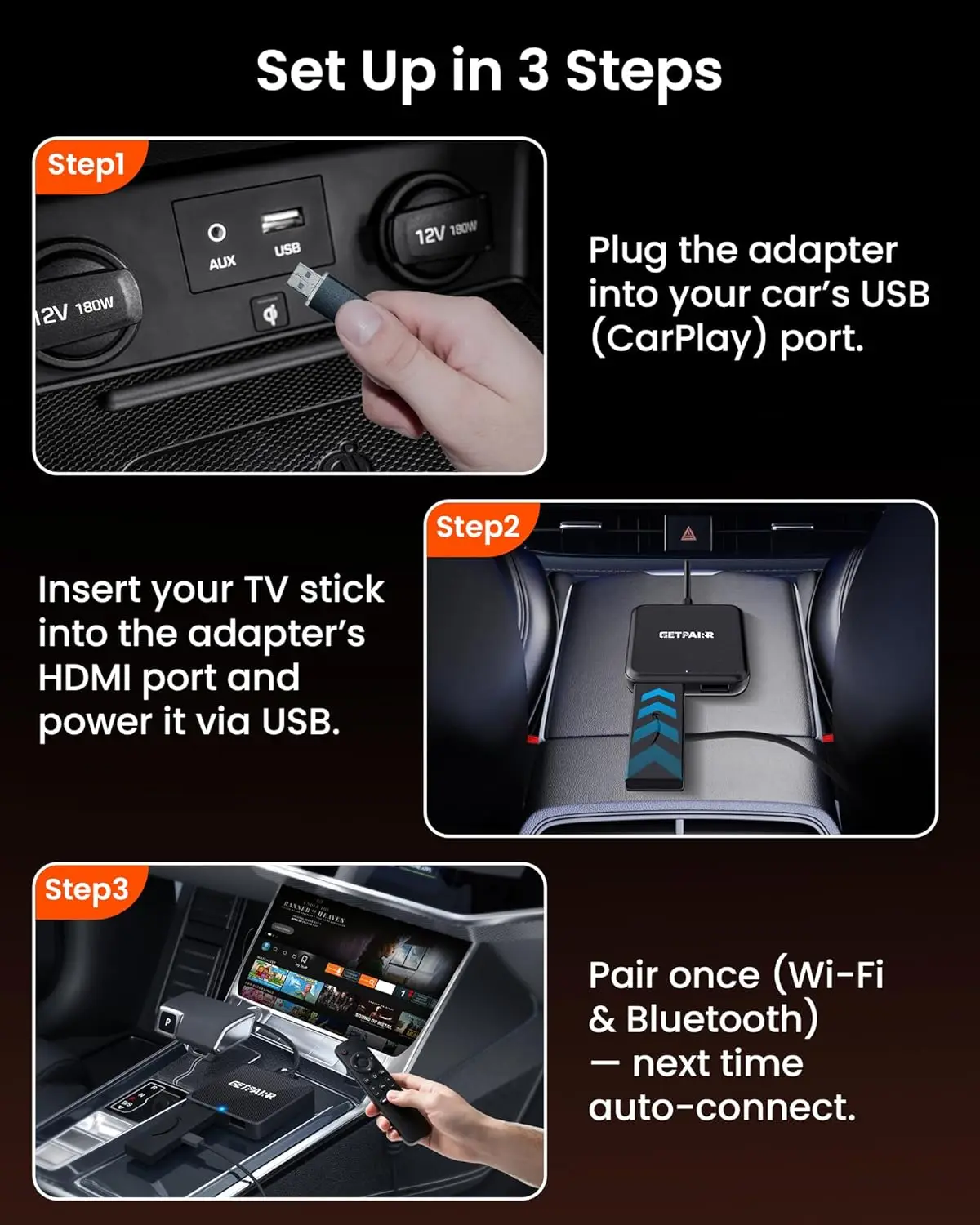 Adaptador CarPlay/Android Auto e HDMI sem fio 4 em 1 para iPhone/Android, espelhamento de tela Fire TV Stick
