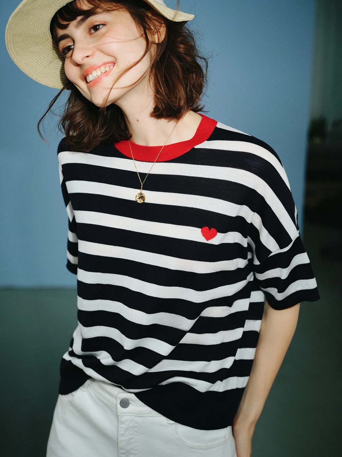 

Classic Striped Knitwear Wool Batwing Sve T-irt BiellaYarn ort Sve Summer Faion Women's Hanfu Dr