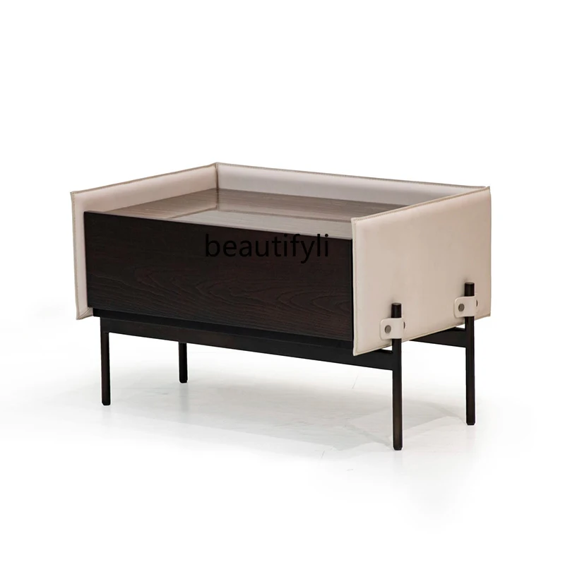 Modern Minimalist Locker Leather Metal Gentleman Bedside Table Hotel Villa Bedroom Side Cabinet Furniture