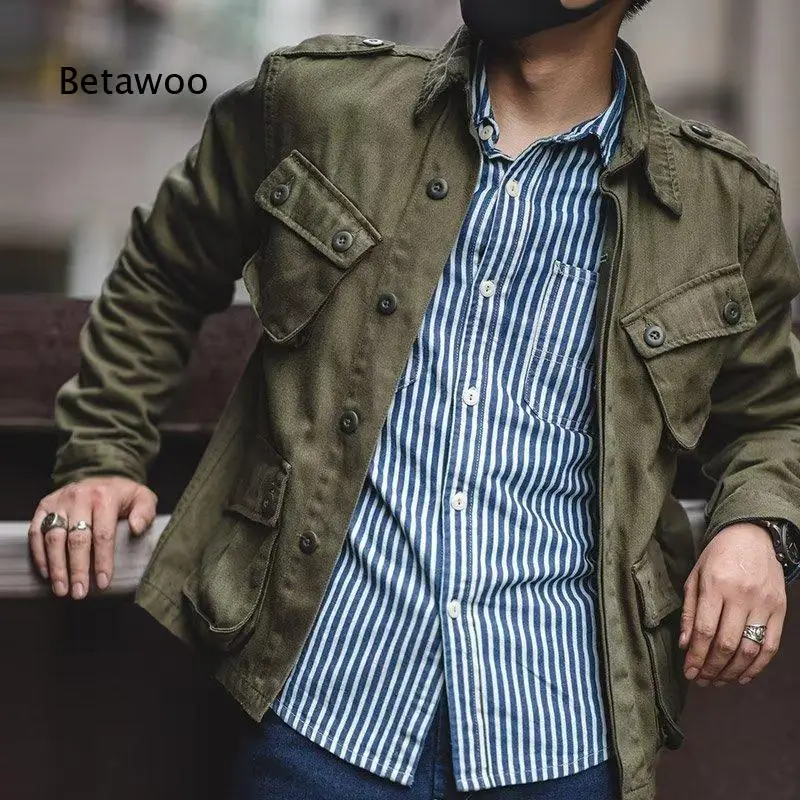 Men Lapel Multi Pocket Cargo Jacket Loose Fit Vintage Military Outerwear for Spring Autumn Outdoor Street Daily Casual Wear