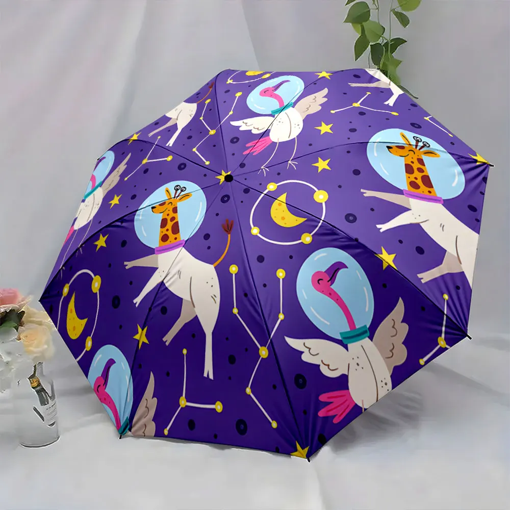 1PC Space Theme Cartoon Umbrella with Giraffe and Flamingo Art Print 8 Iron Ribs Folding Umbrella Auto-Open Fashion Sunshade