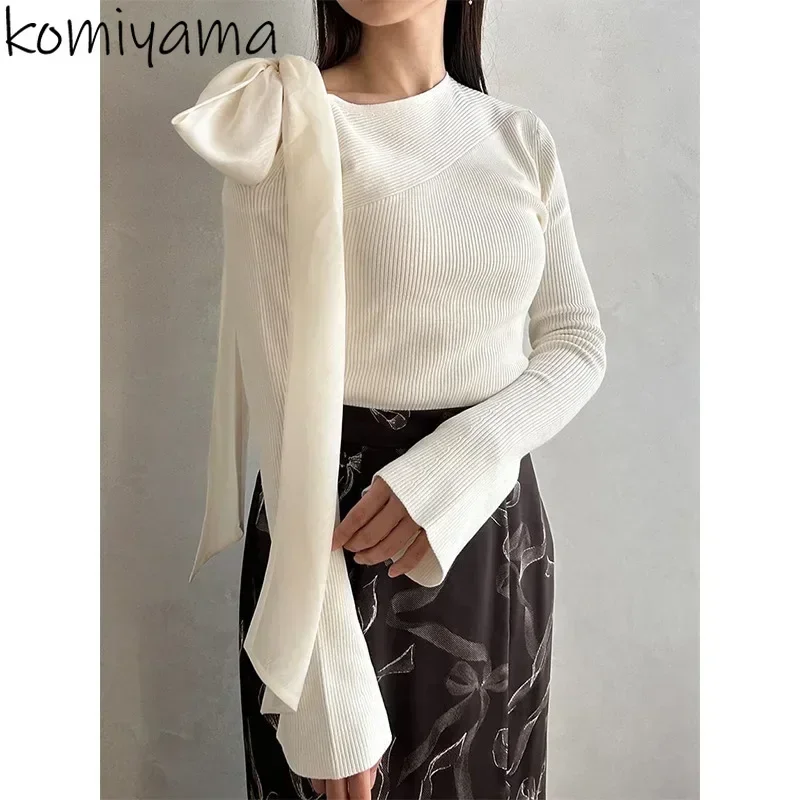 Skew Collar Off Shoulder Roupas Feminina Bandage Bow Ropa Mujer 2025 Woman Sweater Japanese Tops Falre Sleeve Outerwears