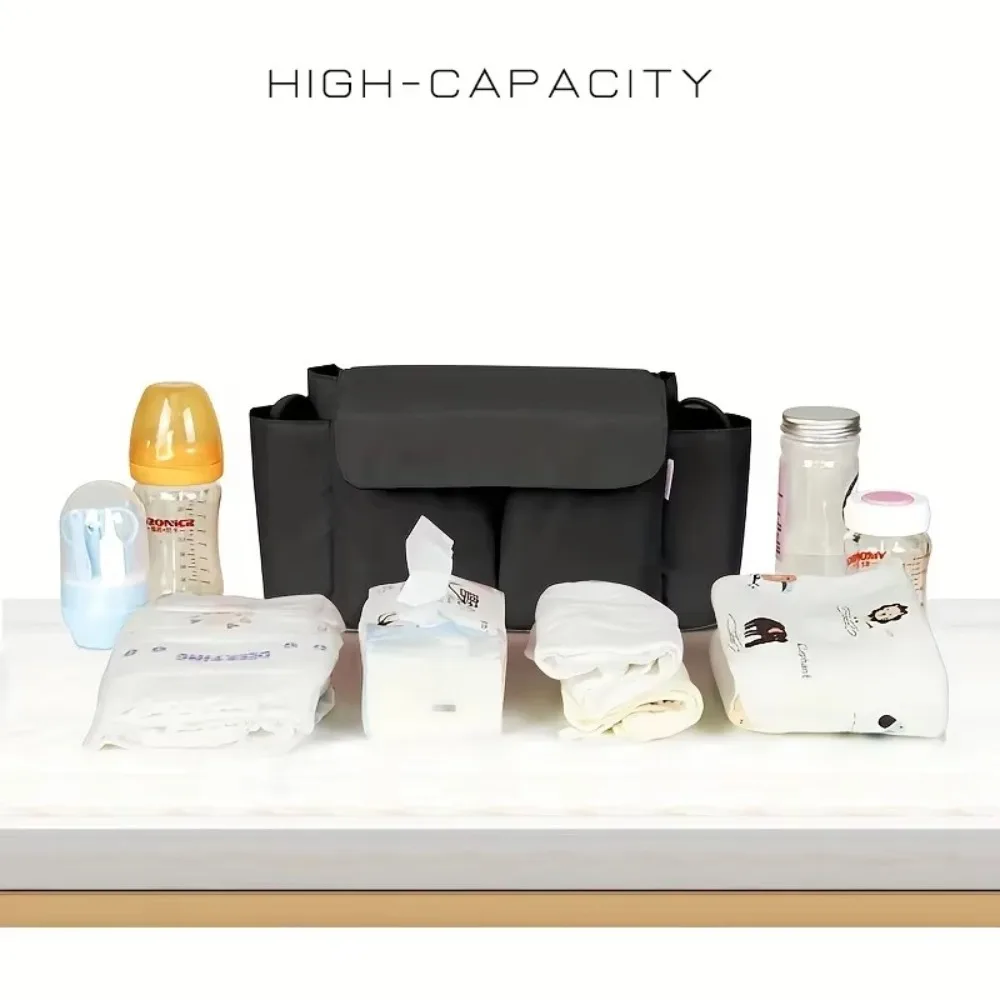 Bolsa colgante para cochecito de gran capacidad con correas para los hombros, organizador multifuncional para cochecito, portabotellas